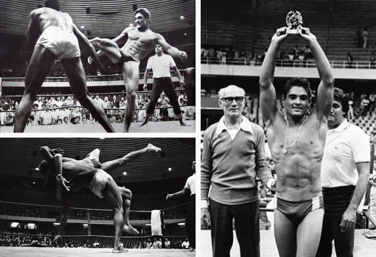 Rickson Gracie finalizando Rei Zulu em combate de vale-tudo em 1980
